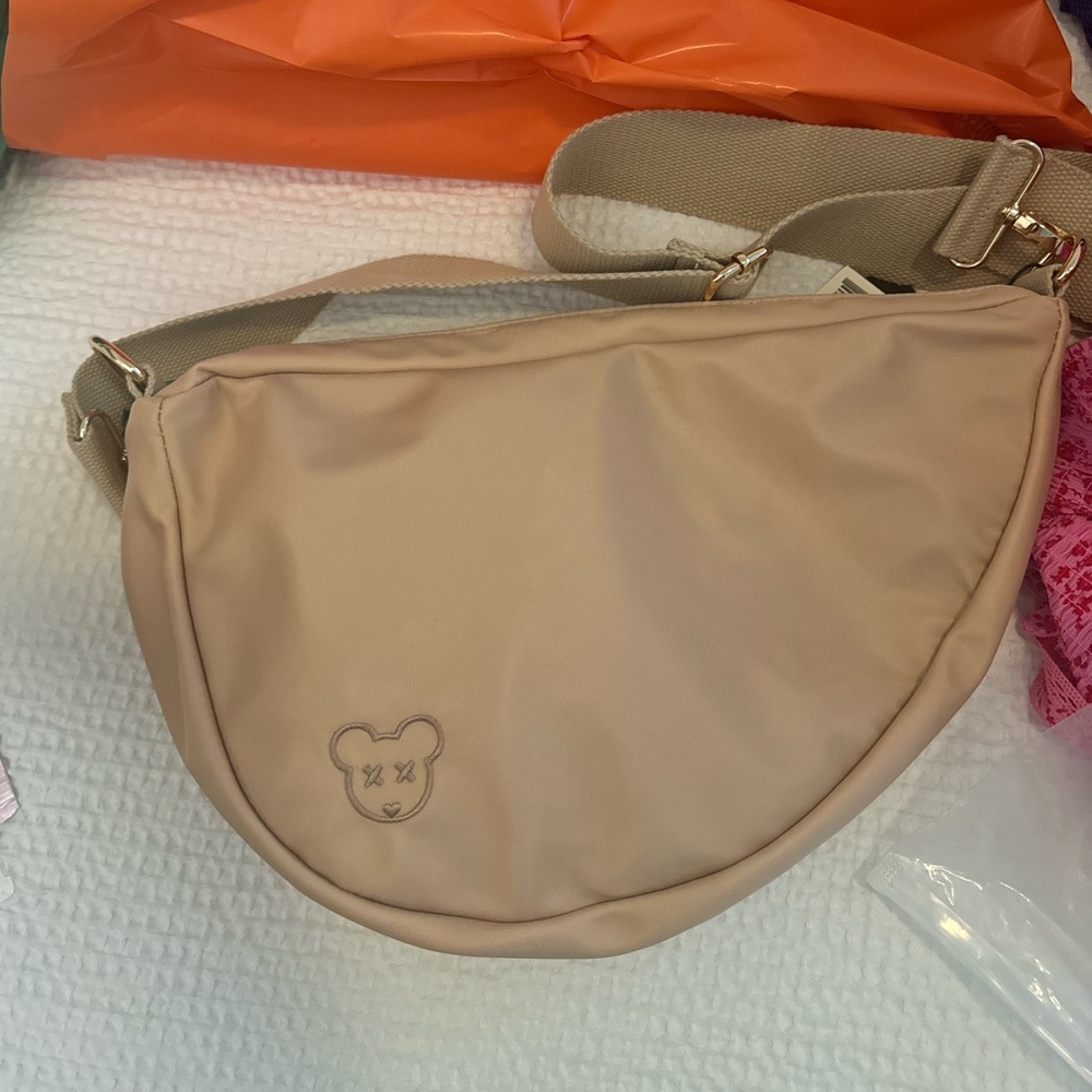 Beige Crossbody Sling Bag with Bear Embroidery